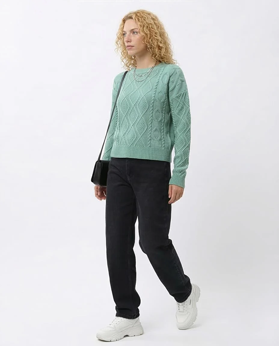 Ravin Women’s Diamond & Cable Mixed-Knit Crew Neck Sweater - Seafoam - O199845 - Image 5