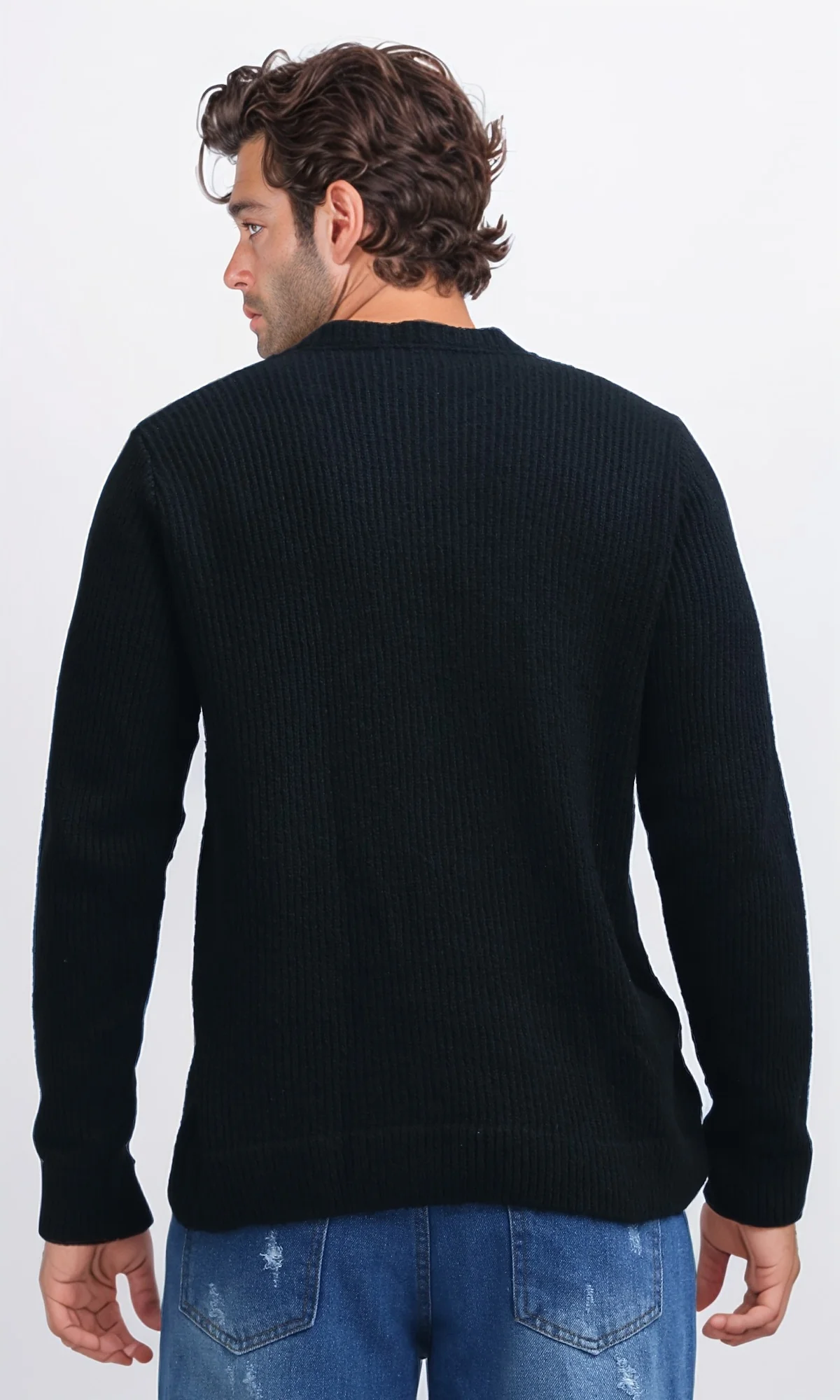 O199877 - Ribbed Round Neck Pullover with Long Sleeves - Black - Image 3