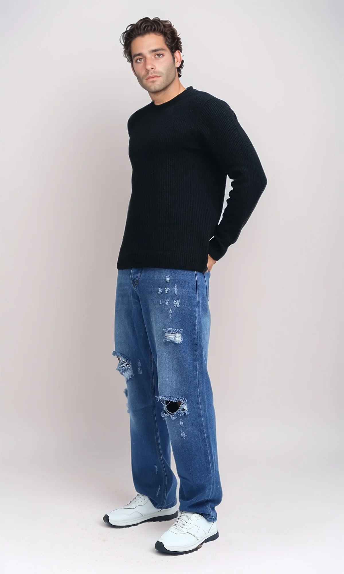 O199877 - Ribbed Round Neck Pullover with Long Sleeves - Black - Image 5
