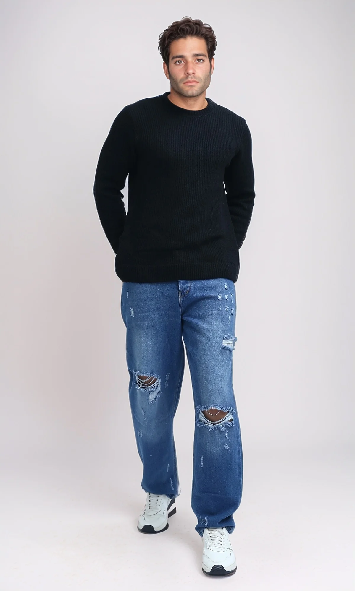 O199877 - Ribbed Round Neck Pullover with Long Sleeves - Black - Image 6