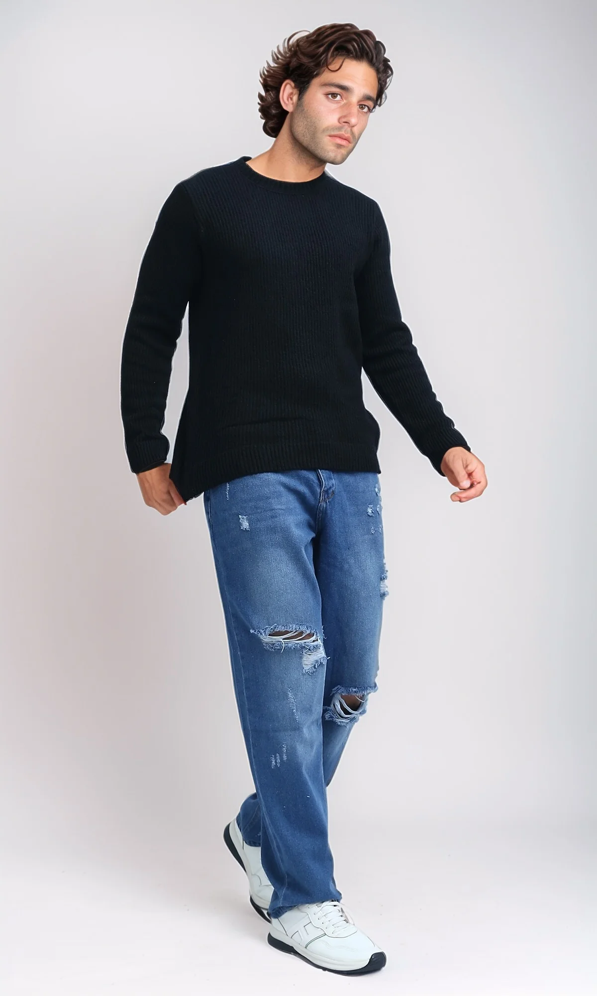 O199877 - Ribbed Round Neck Pullover with Long Sleeves - Black - Image 7