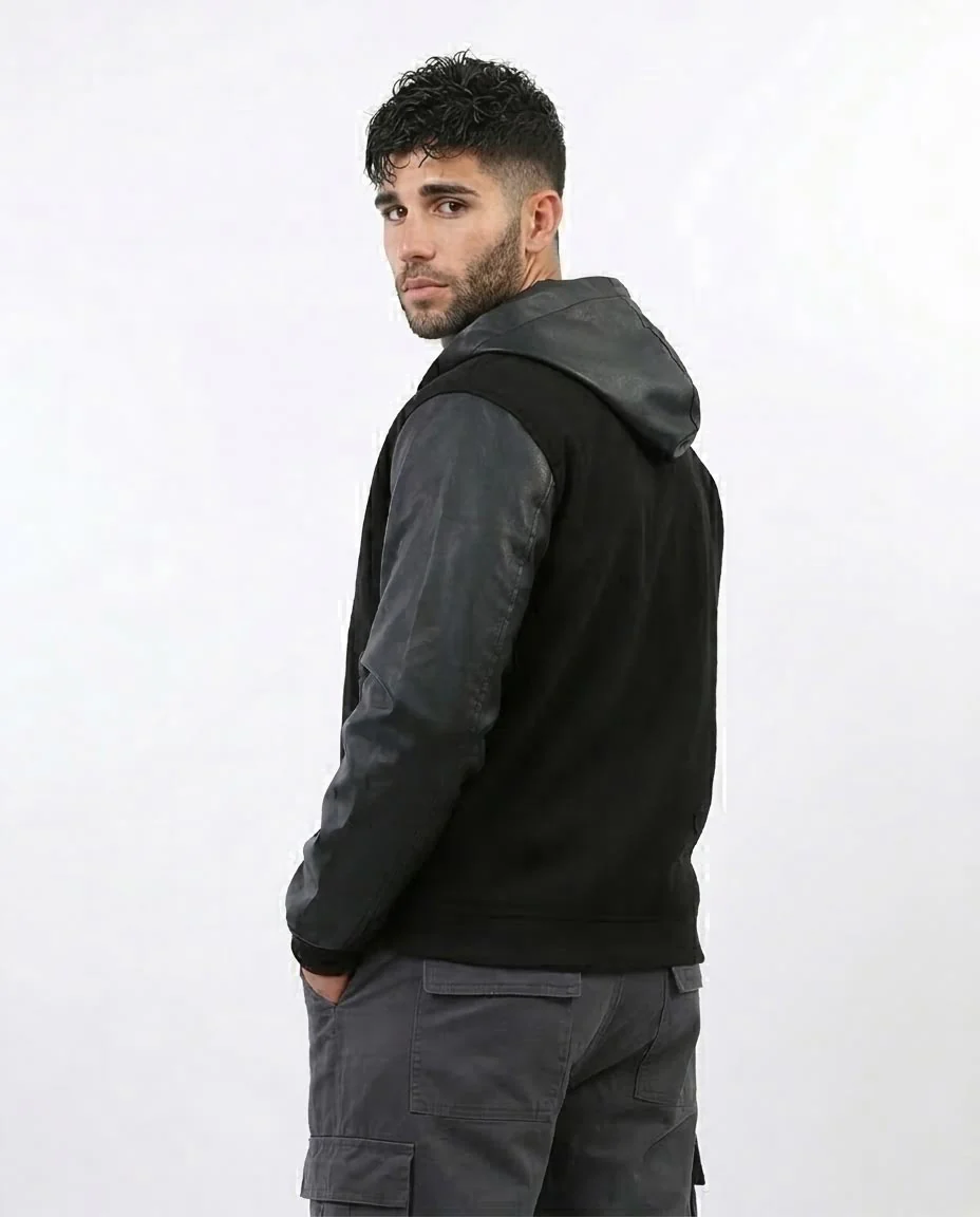 Ravin Hybrid Bomber Jacket with Leather-Look Sleeves and Hood - Black - o199934 - Image 2