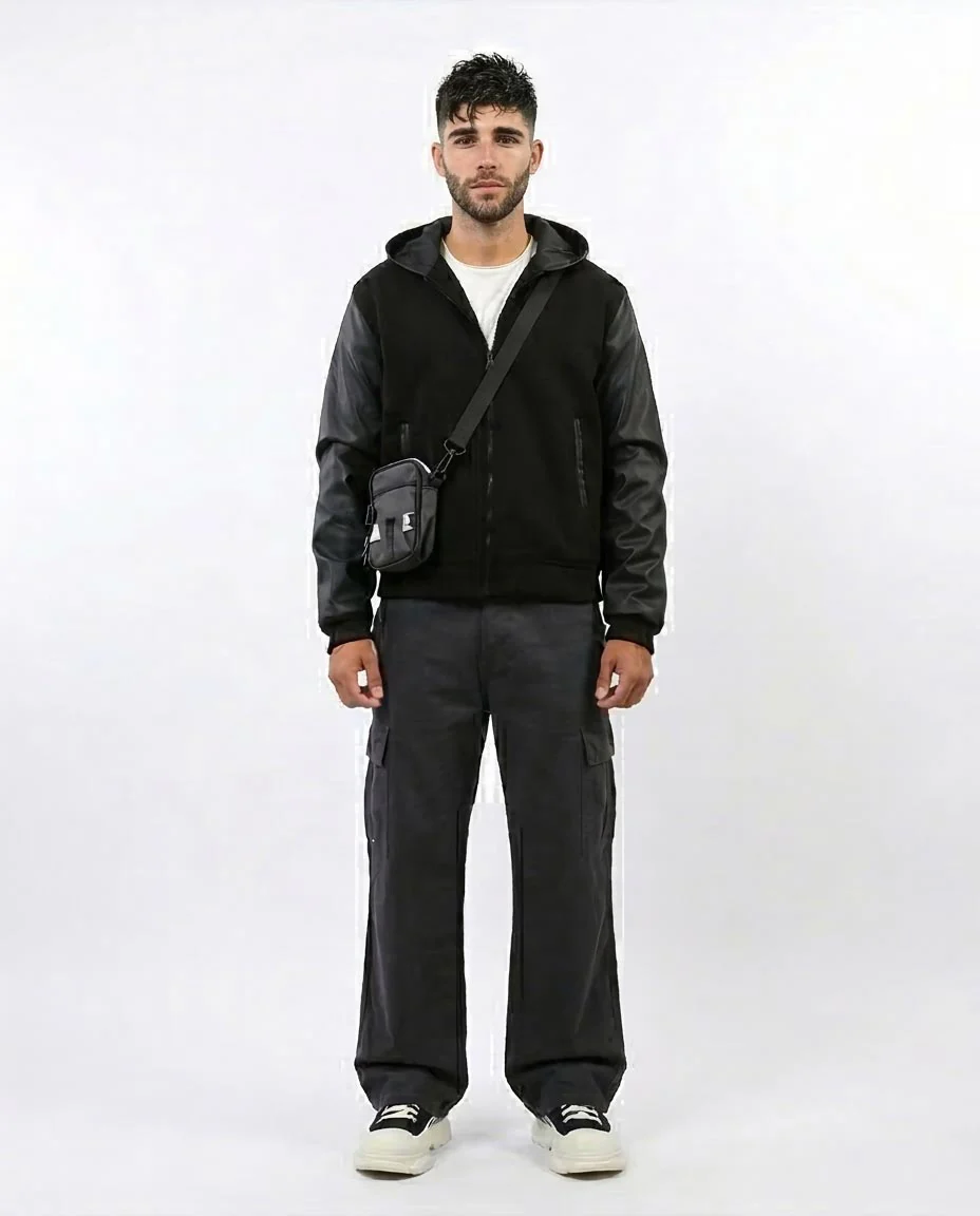 Ravin Hybrid Bomber Jacket with Leather-Look Sleeves and Hood - Black - o199934 - Image 3