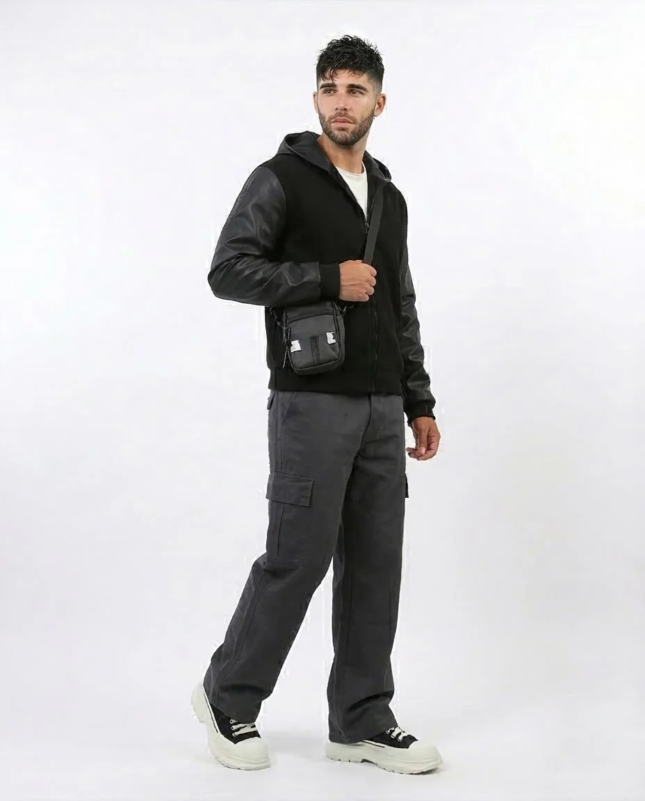 Ravin Hybrid Bomber Jacket with Leather-Look Sleeves and Hood - Black - o199934 - Image 5