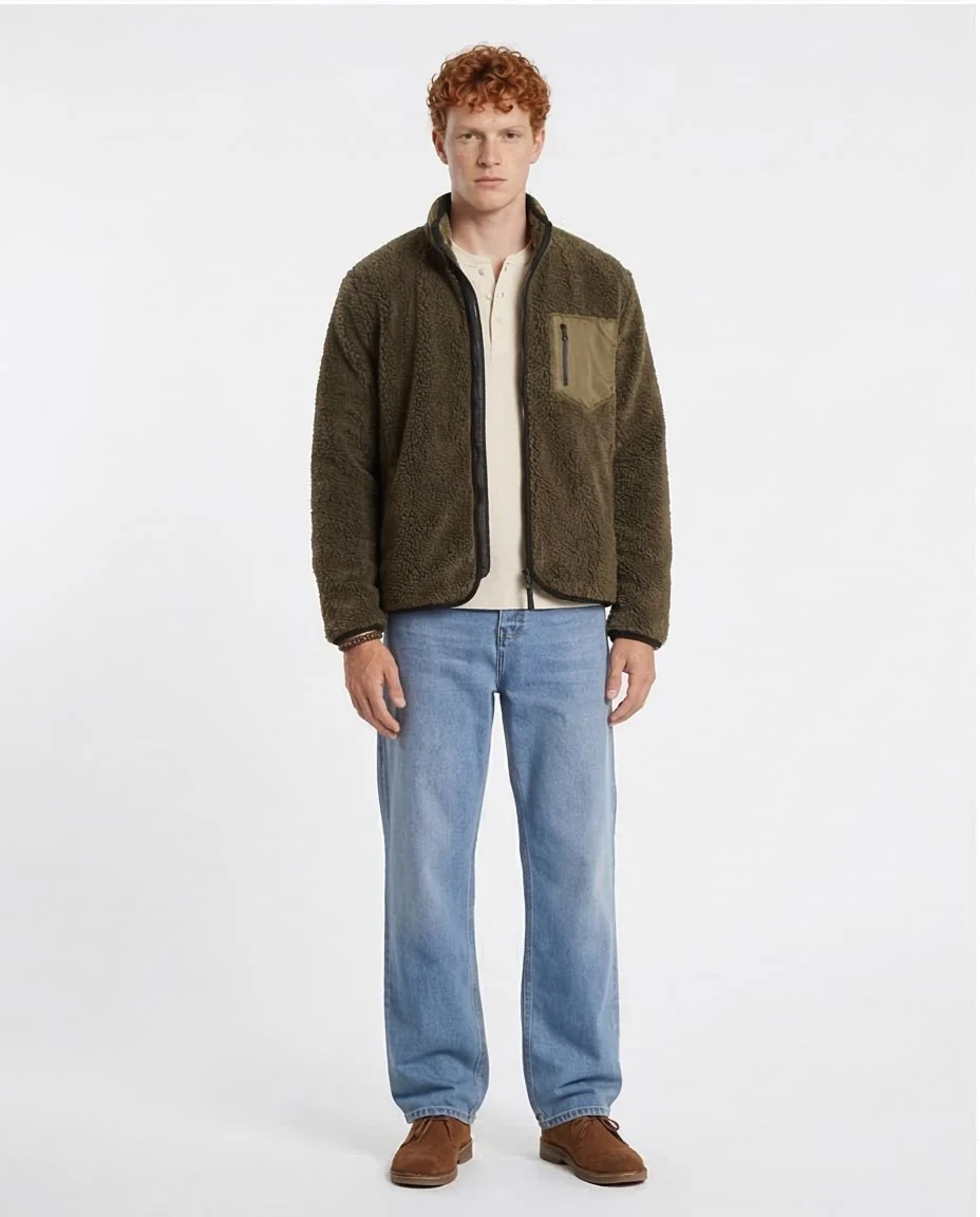 RAVIN Men's Sherpa Fleece Zip-Up Jacket with Contrast Pocket - Olive - O199953 - Image 3