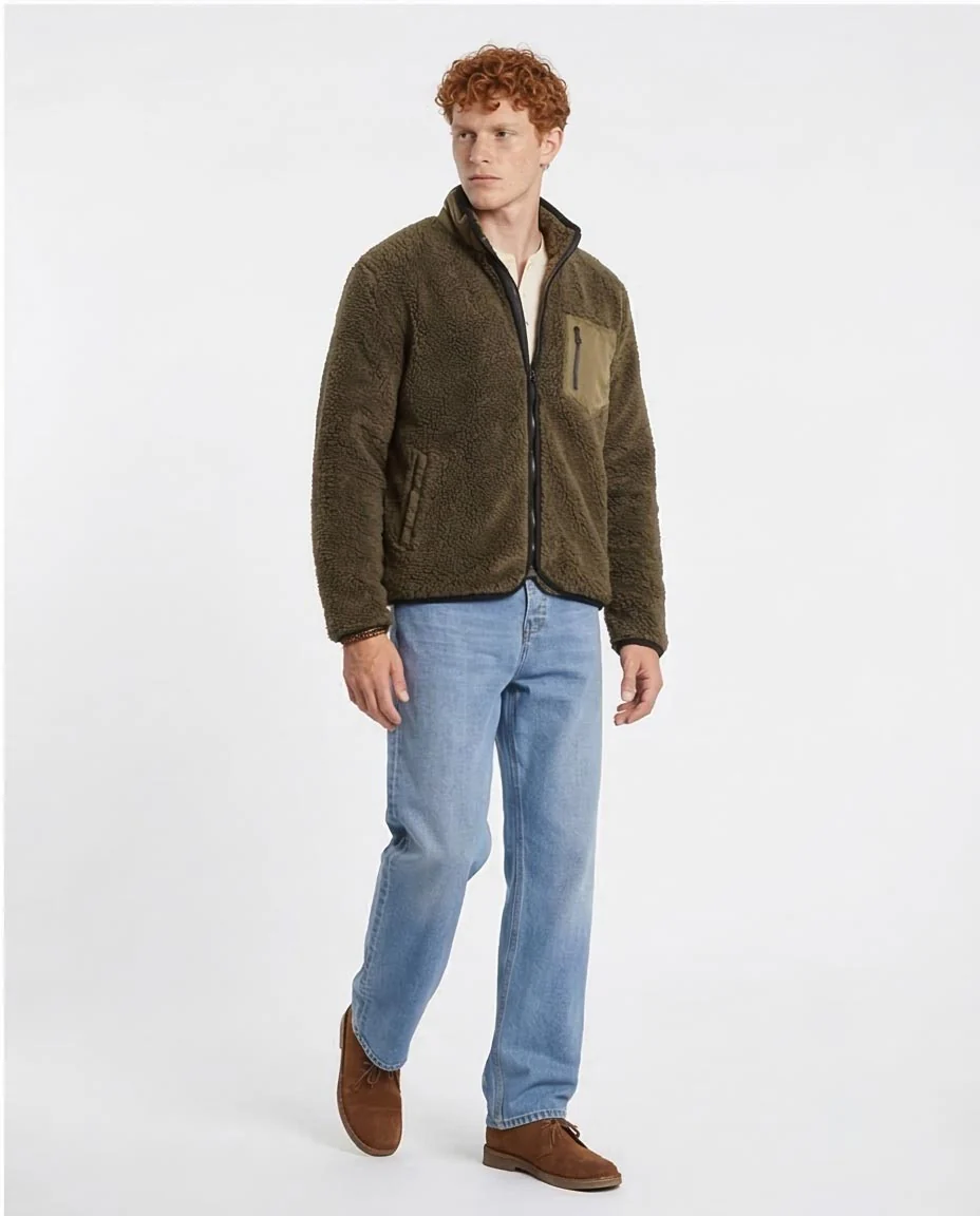 RAVIN Men's Sherpa Fleece Zip-Up Jacket with Contrast Pocket - Olive - O199953 - Image 5