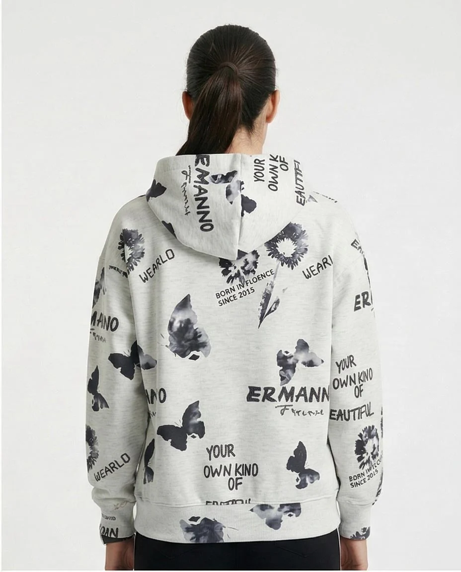 O200012 - Patterned Slip On Black & White Casual Hoodie - Image 2