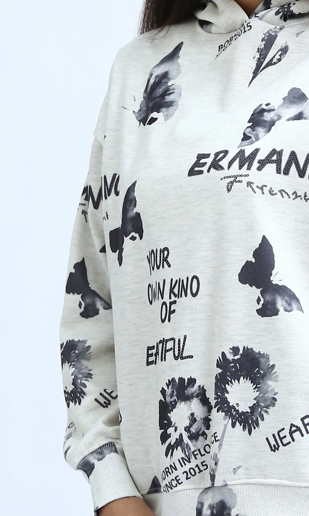 O200012 - Patterned Slip On Black & White Casual Hoodie - Image 4