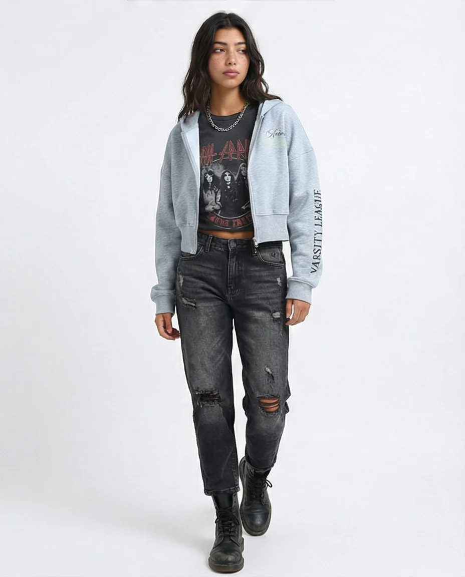 O200149 Heather Grey Long Sleeves Regular Fit Zipped Hoodie - Image 4
