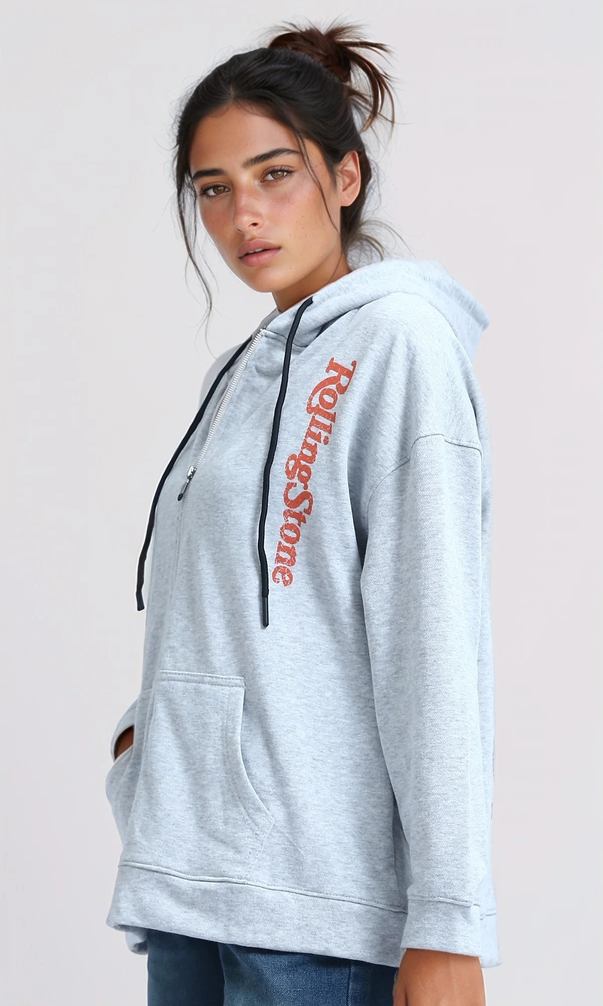 O200152 - Winter Zipper Through Pocket Printed Hoodie - Heather Grey - Image 2
