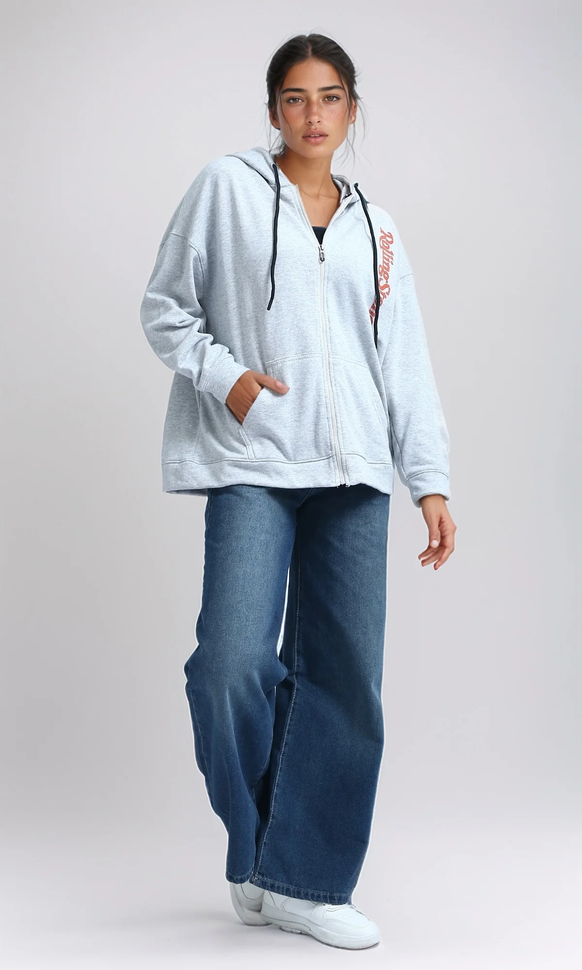 O200152 - Winter Zipper Through Pocket Printed Hoodie - Heather Grey - Image 5