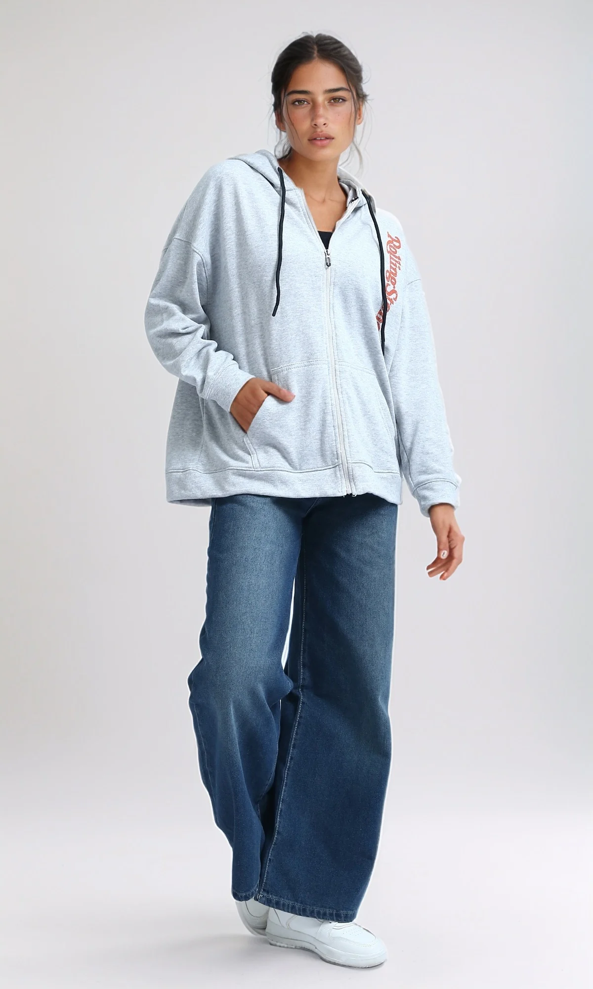 O200152 - Winter Zipper Through Pocket Printed Hoodie - Heather Grey - Image 7