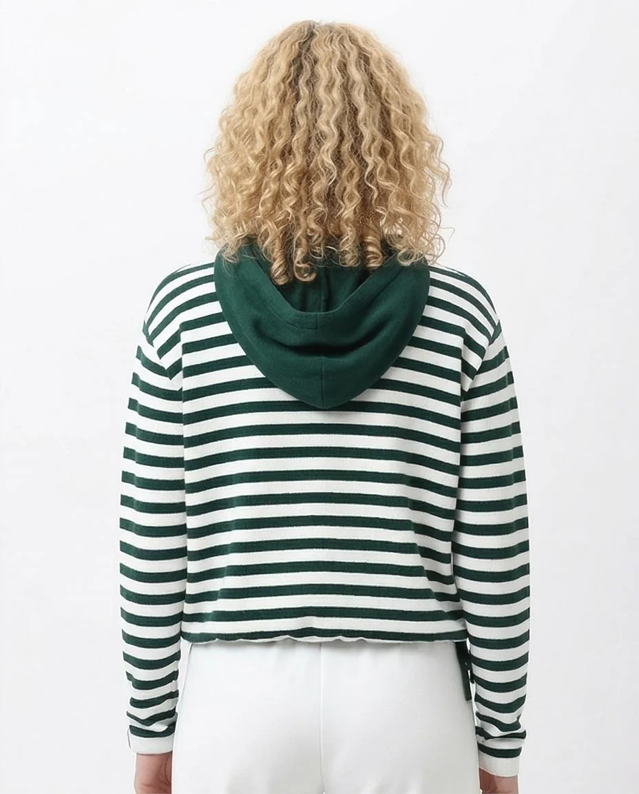 Ravin Women's Striped Knit Relaxed Hoodie with Adjustable Hem – Forest Green & White - O200384 - Image 2