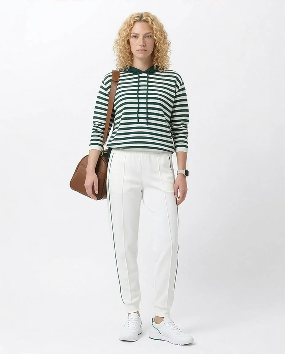 Ravin Women's Striped Knit Relaxed Hoodie with Adjustable Hem – Forest Green & White - O200384 - Image 3