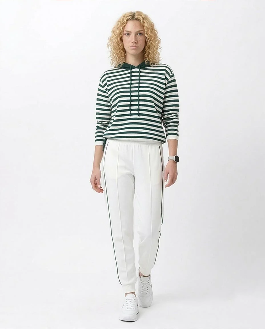 Ravin Women's Striped Knit Relaxed Hoodie with Adjustable Hem – Forest Green & White - O200384 - Image 5