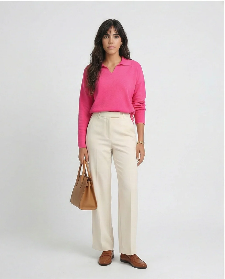 O200392 - V-Neck Long Sleeves Solid Pullover - Fuchsia - Image 3