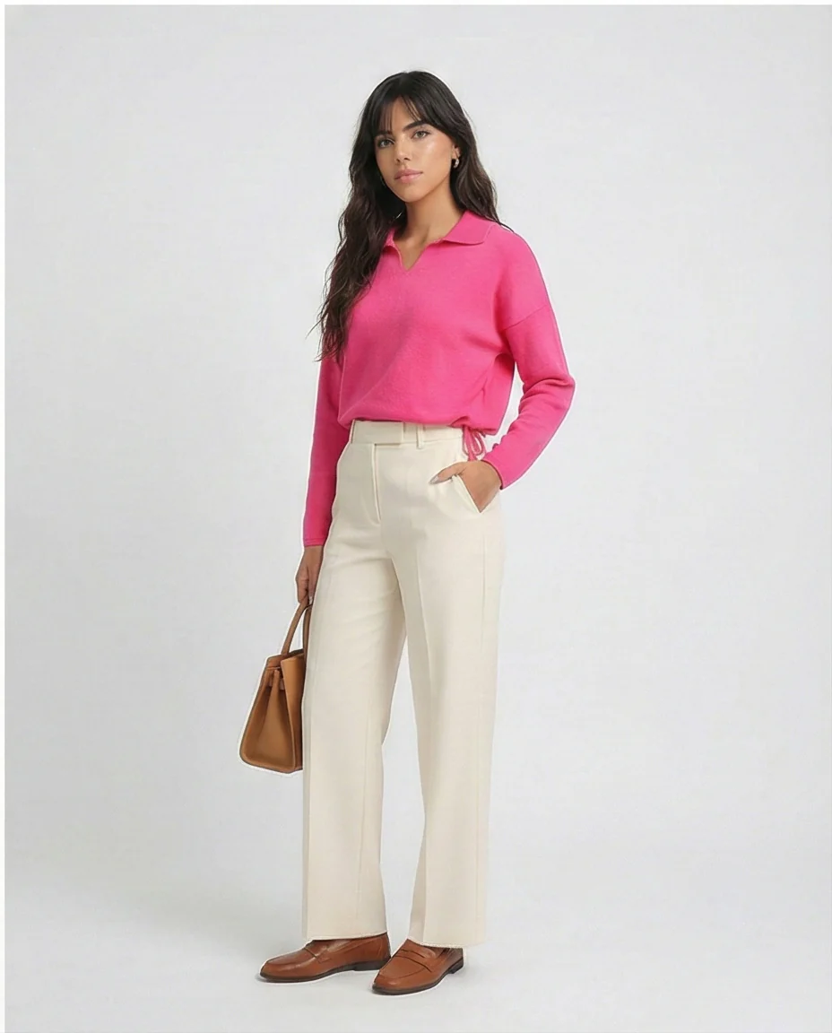 O200392 - V-Neck Long Sleeves Solid Pullover - Fuchsia - Image 4