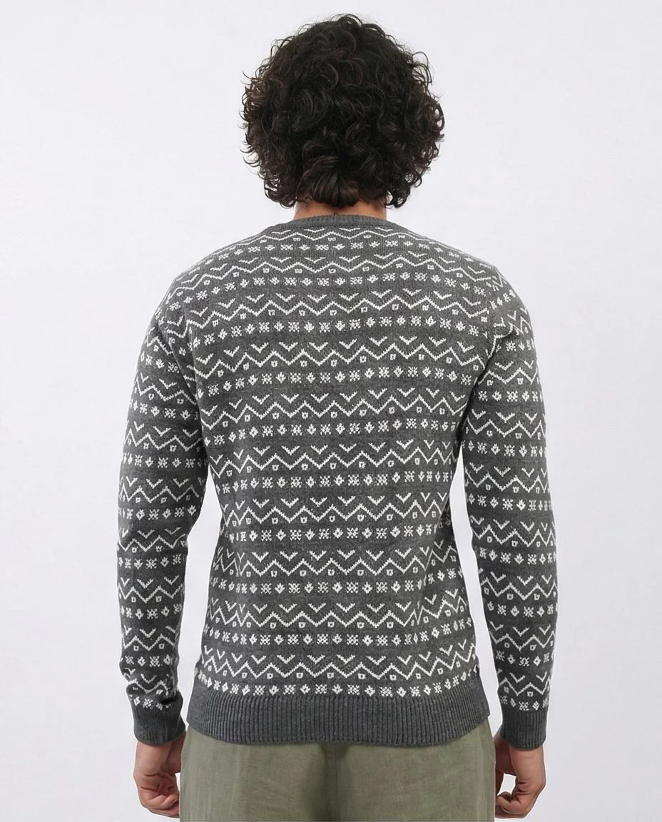 Ravin Men’s Fair Isle Geometric Pattern Knit Sweater – Charcoal & White - O200600 - Image 2