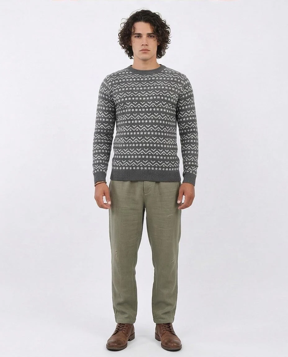 Ravin Men’s Fair Isle Geometric Pattern Knit Sweater – Charcoal & White - O200600 - Image 4
