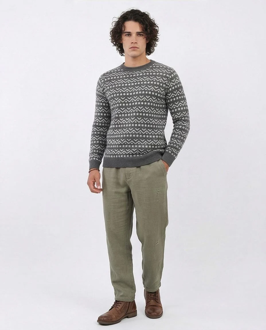 Ravin Men’s Fair Isle Geometric Pattern Knit Sweater – Charcoal & White - O200600 - Image 5