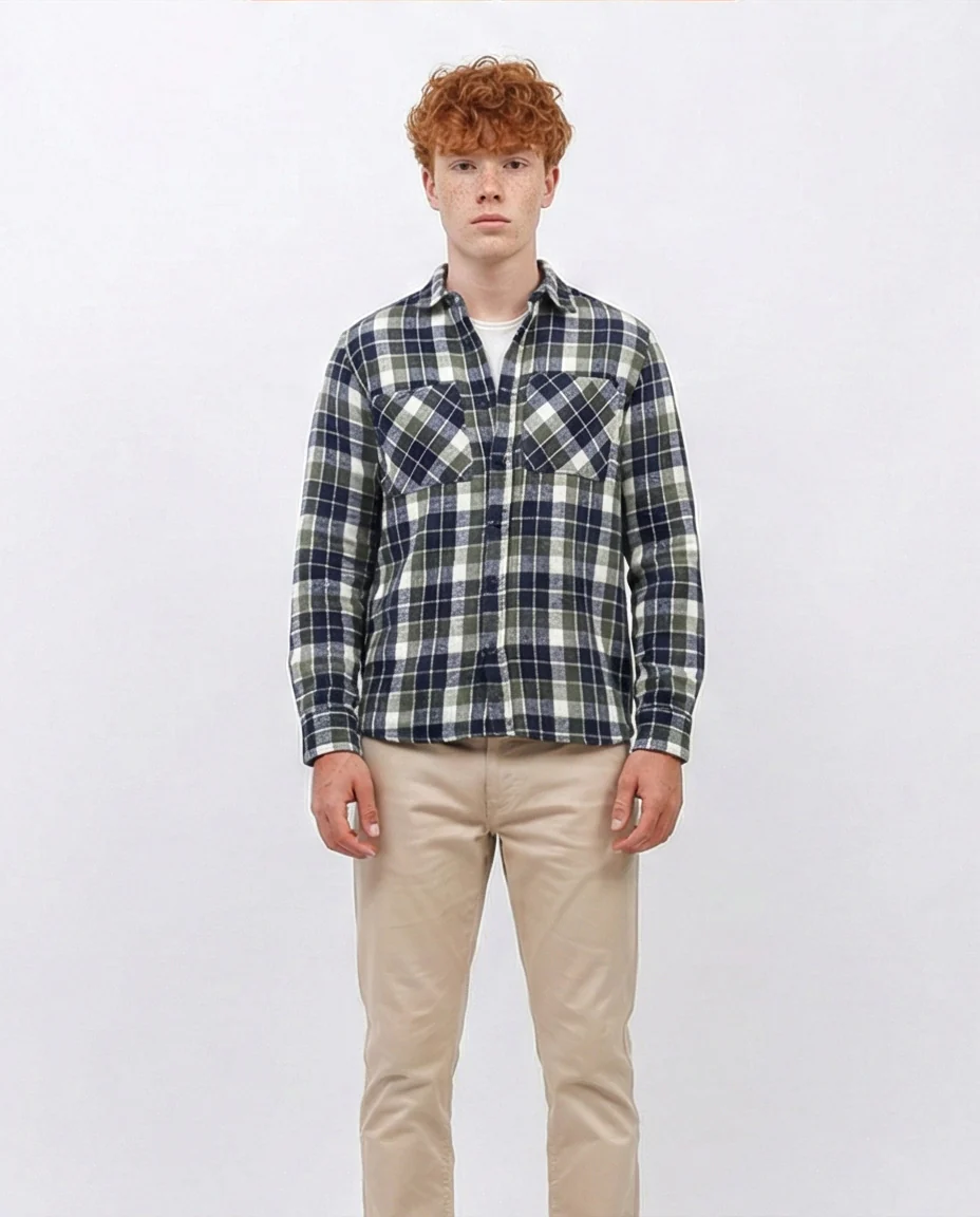 o200607 - Full Buttoned Plaids Heavy Winter Shirt - Olive & Navy - Image 3