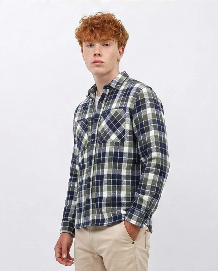 o200607 - Full Buttoned Plaids Heavy Winter Shirt - Olive & Navy - Image 4