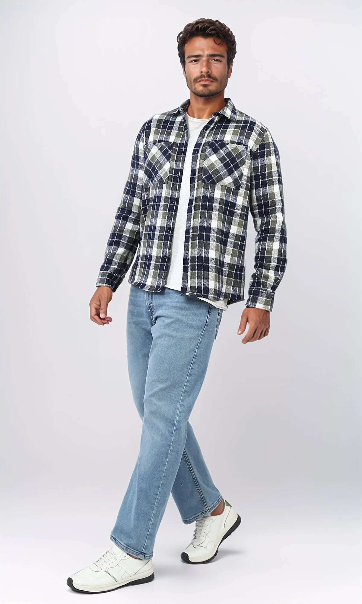 o200607 - Full Buttoned Plaids Heavy Winter Shirt - Olive & Navy - Image 5