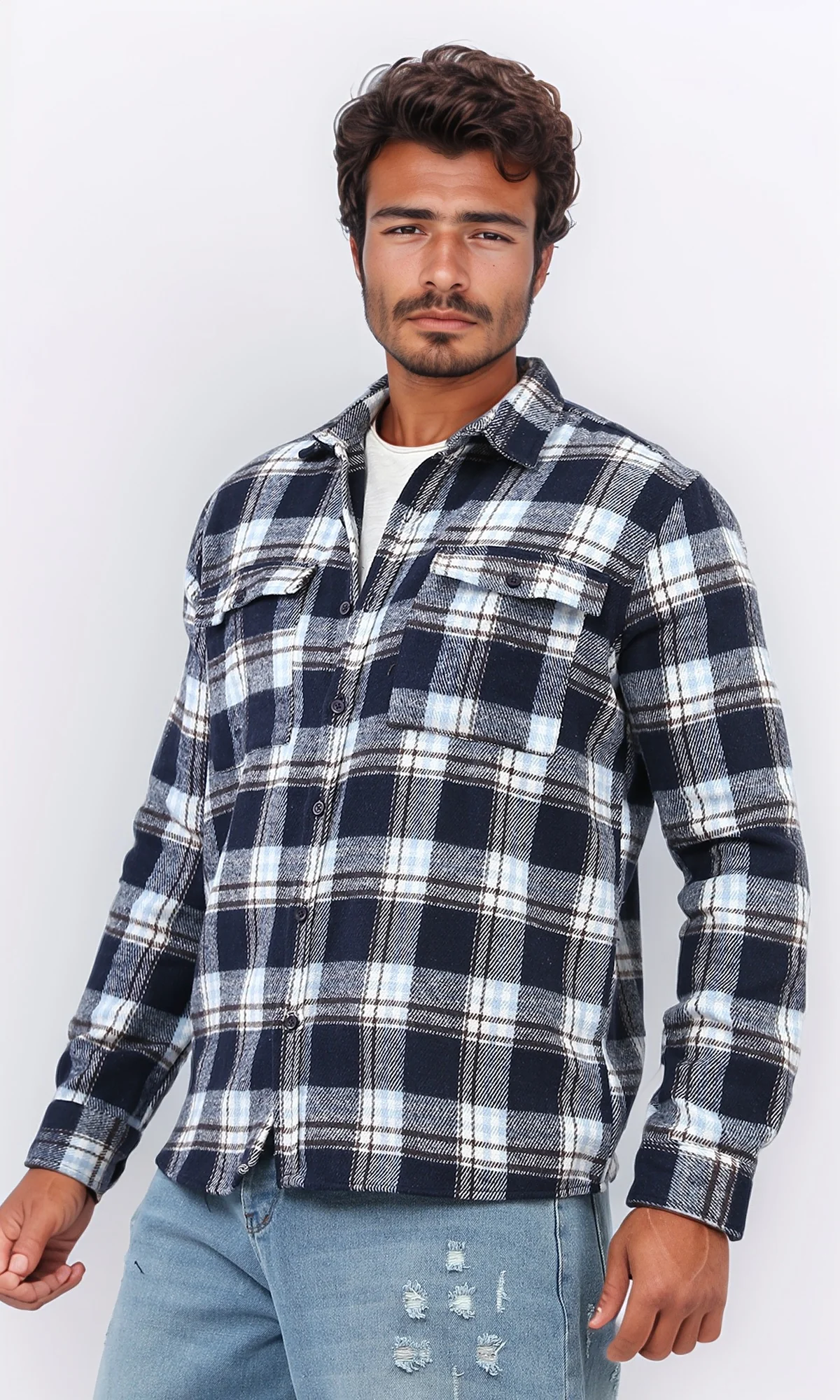 o200612 - Full Buttoned Plaids Heavy Winter Shirt - Navy & Brown - Image 2