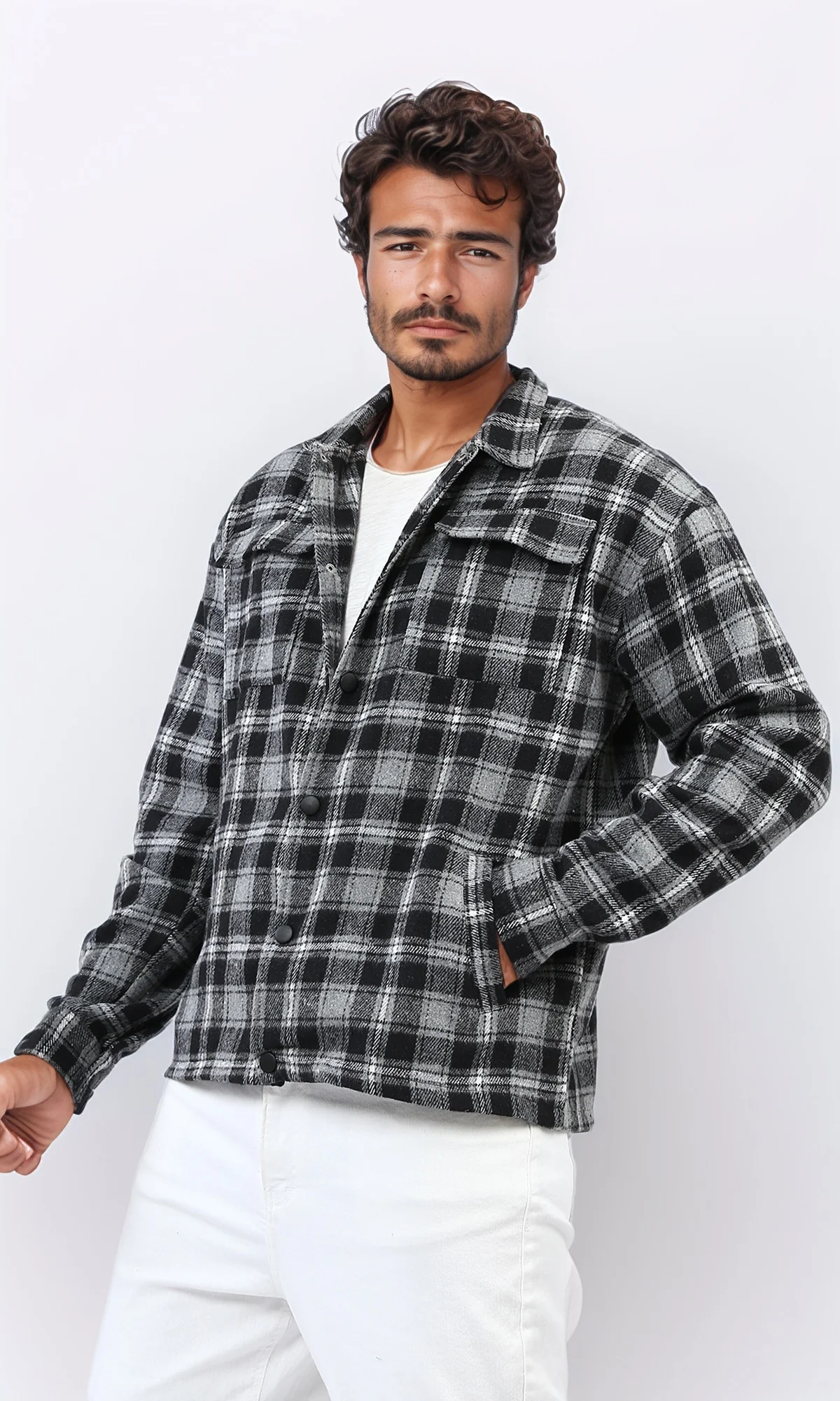 o200617 - Snap Buttoned Plaids Heavy Winter Shirt - Dark Grey & Black - Image 2