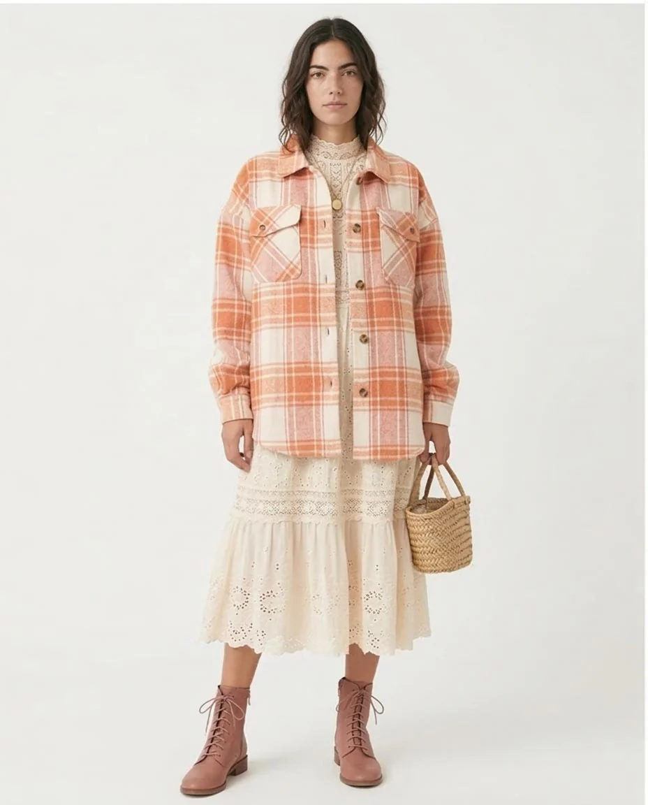 Ravin Oversized Plaid Flannel Shacket - Rose & Cream - O200622 - Image 3