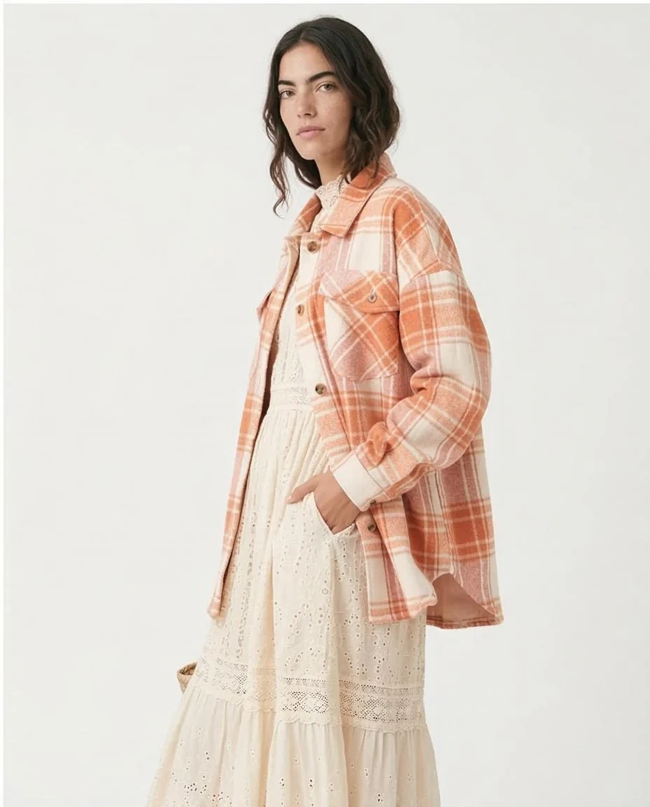 Ravin Oversized Plaid Flannel Shacket - Rose & Cream - O200622 - Image 4