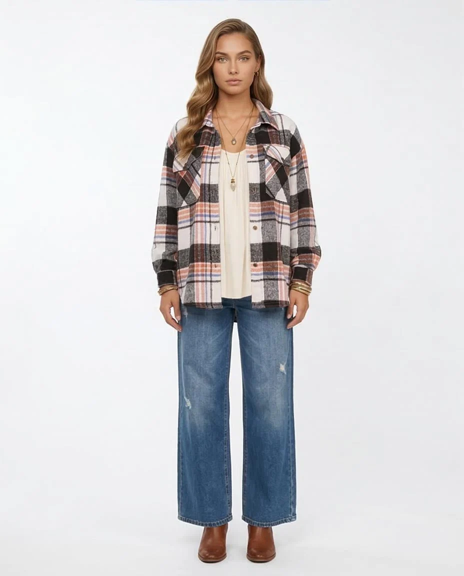 Ravin Oversized Multi-Plaid Flannel Shacket with Chest Pockets - Multicolor - O200623 - Image 3