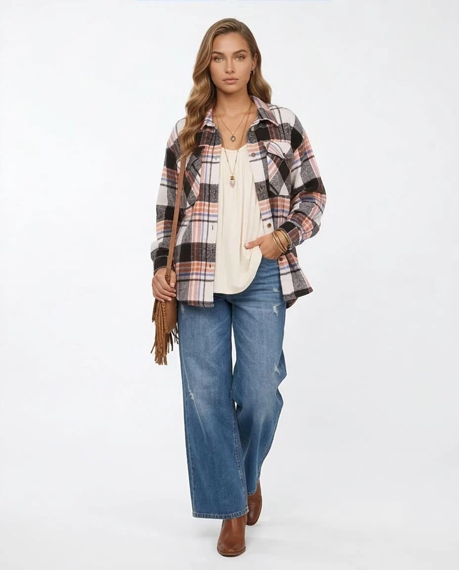 Ravin Oversized Multi-Plaid Flannel Shacket with Chest Pockets - Multicolor - O200623 - Image 4