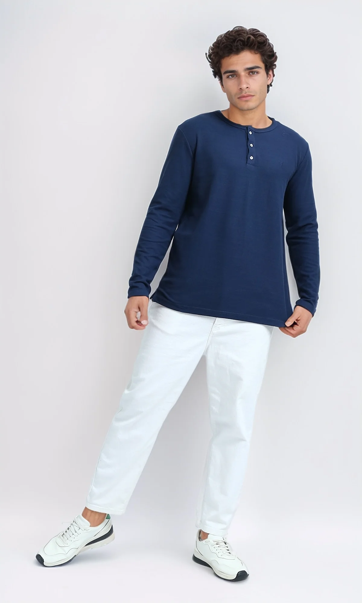O200711 - Long Sleeves Henley Round Neck Tee - Blue - Image 4