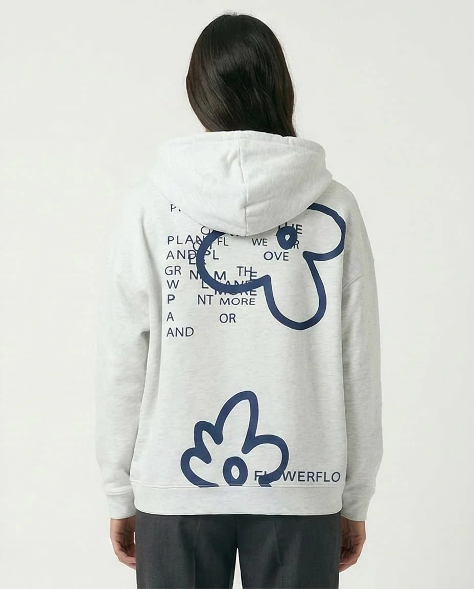 Ravin Oversized Heather Grey Zip-Up Hoodie with Floral Typography Graphics - O200712 - Image 2