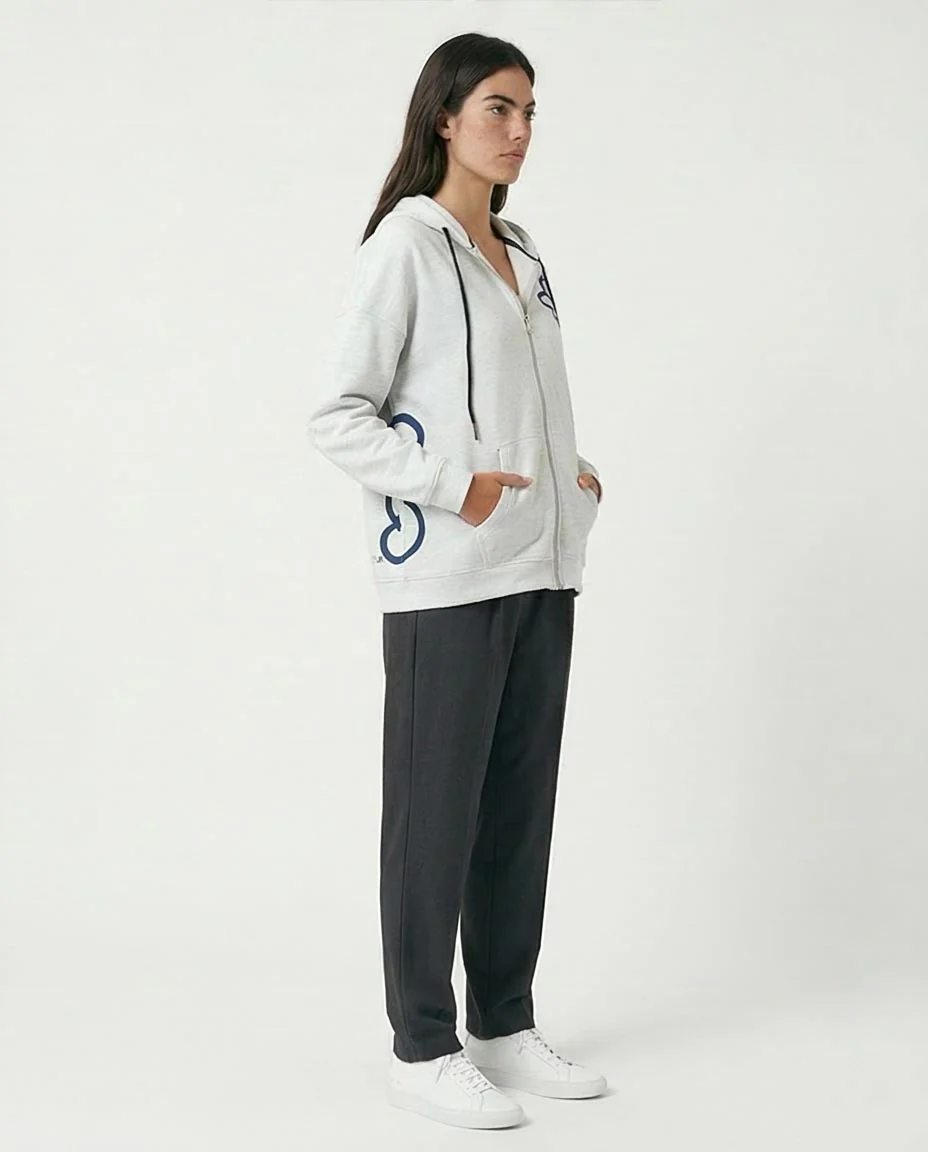 Ravin Oversized Heather Grey Zip-Up Hoodie with Floral Typography Graphics - O200712 - Image 3