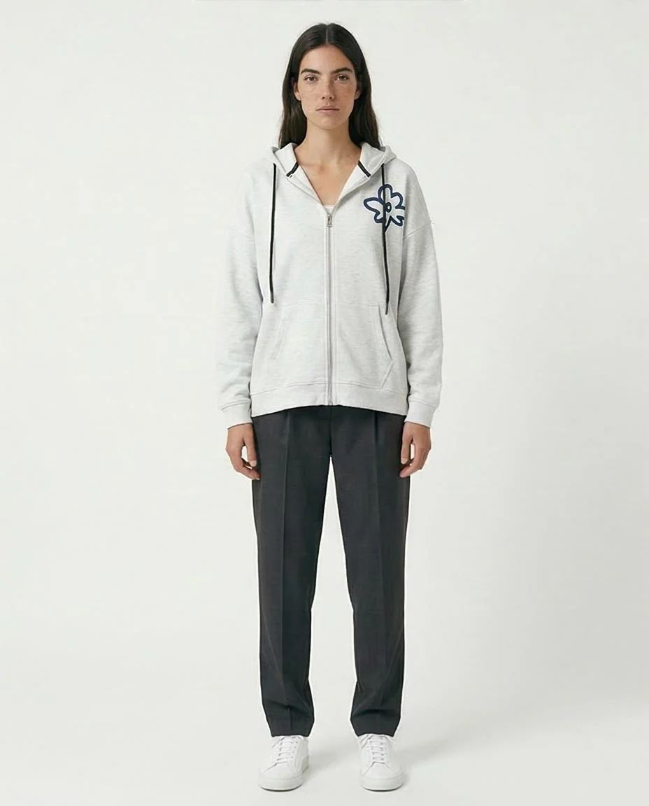 Ravin Oversized Heather Grey Zip-Up Hoodie with Floral Typography Graphics - O200712 - Image 4
