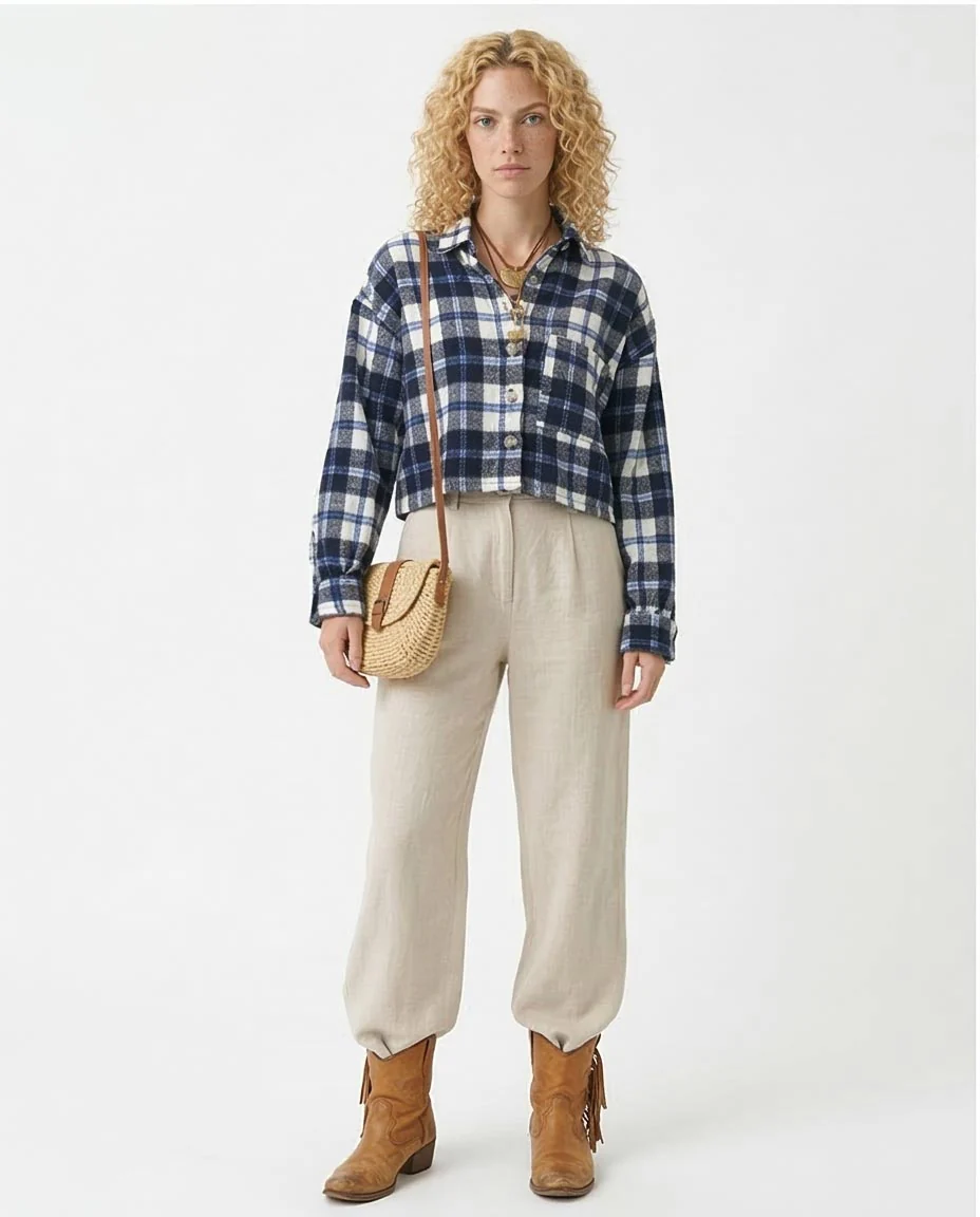 Product Title: Ravin Women’s Cropped Plaid Flannel Shirt – Navy & Blue Check - O200714 - Image 3
