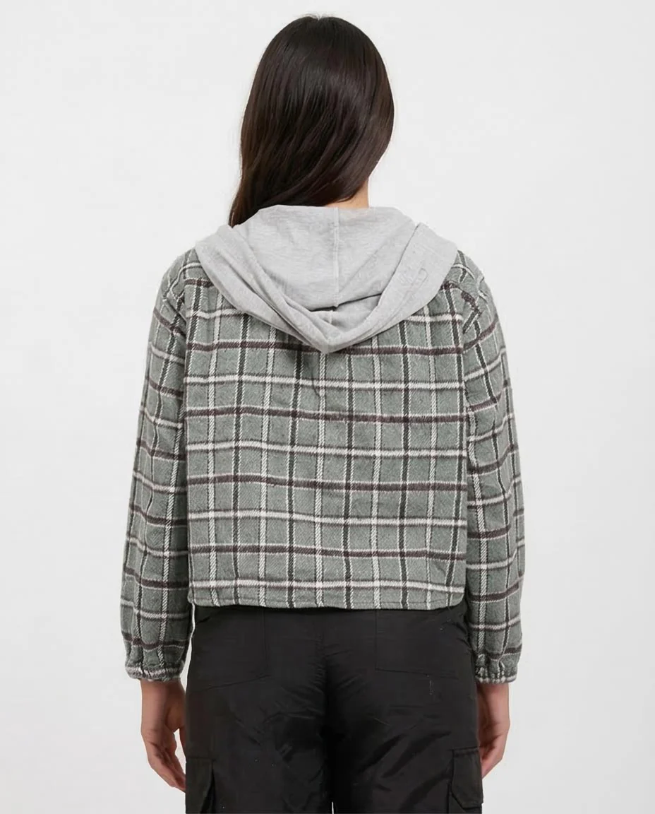 Ravin Women's Cropped Plaid Hooded Shacket – Sage Green - o200718 - Image 2