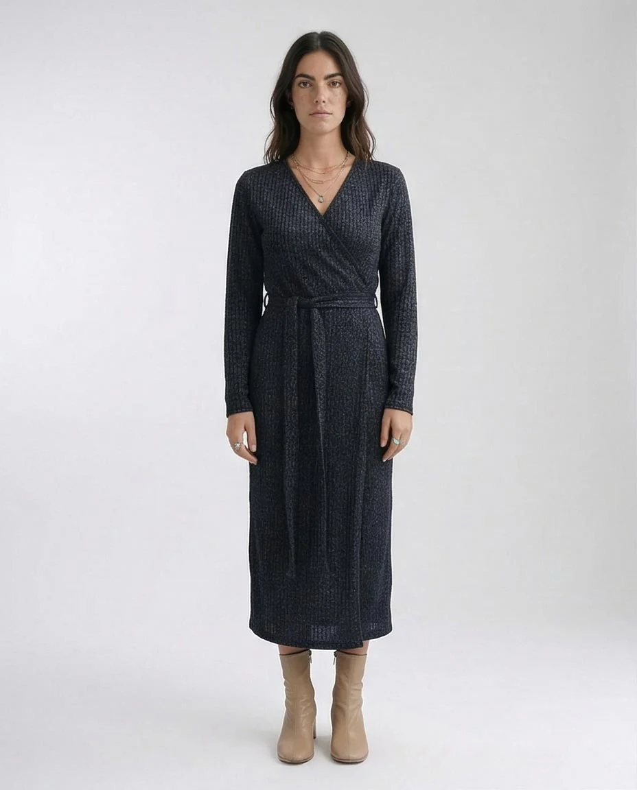 Ravin | Ribbed Lurex Knit Wrap Midi Dress – Charcoal Heather - O201113