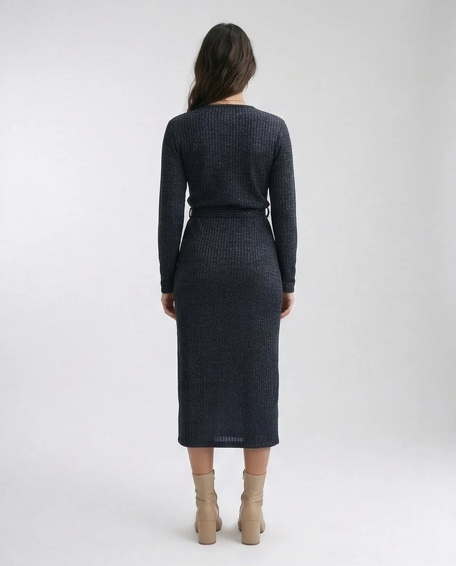 Ravin | Ribbed Lurex Knit Wrap Midi Dress – Charcoal Heather - O201113 - Image 2