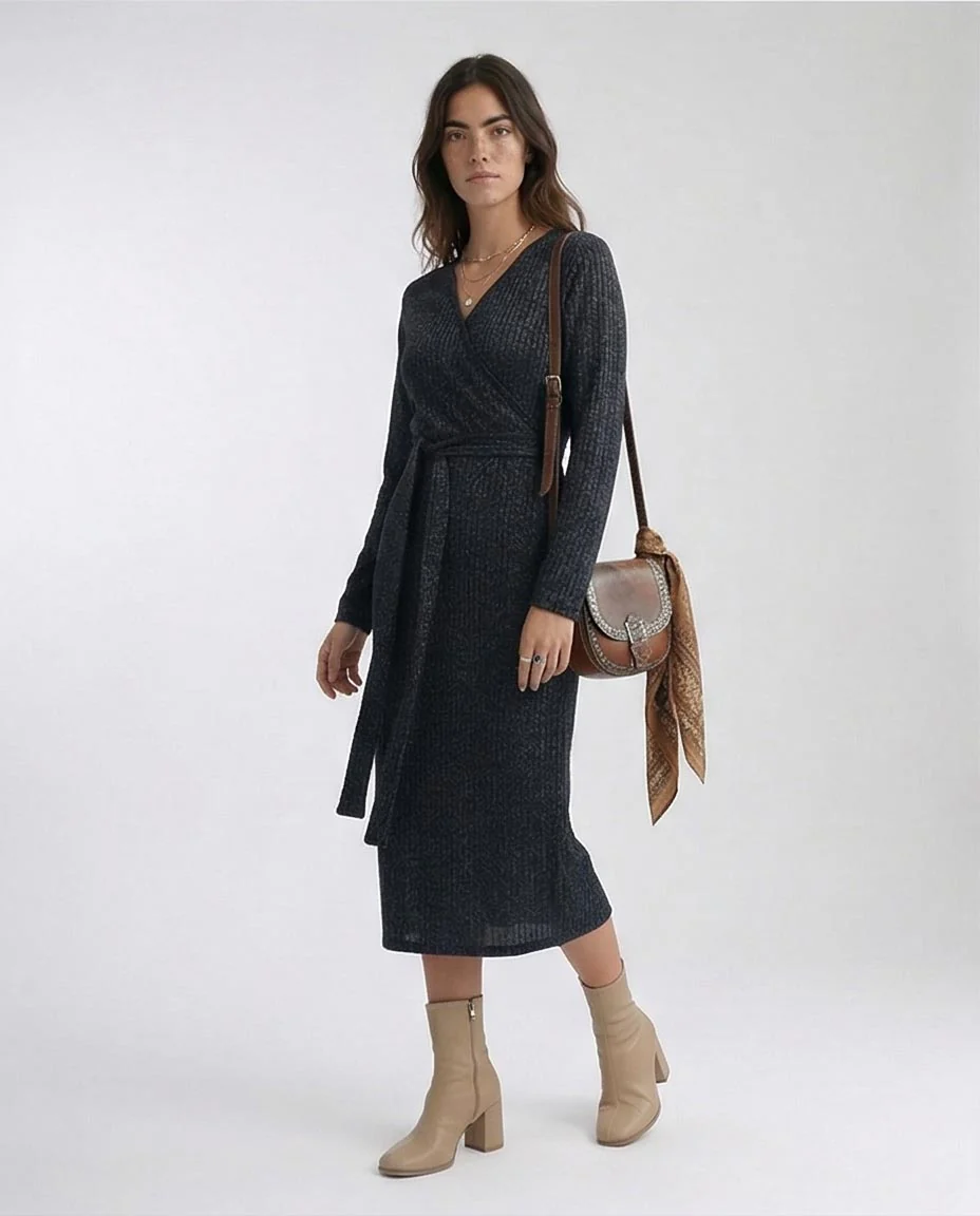 Ravin | Ribbed Lurex Knit Wrap Midi Dress – Charcoal Heather - O201113 - Image 4