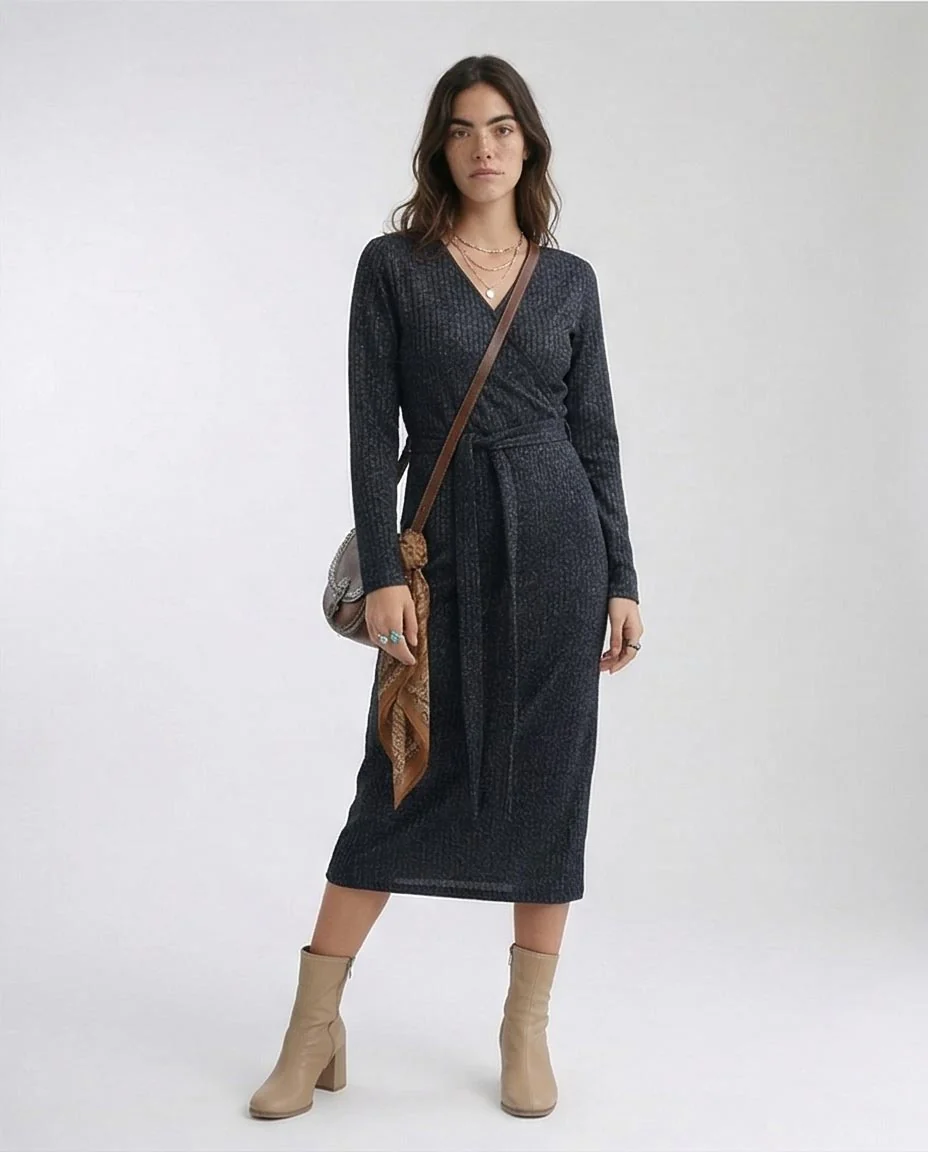 Ravin | Ribbed Lurex Knit Wrap Midi Dress – Charcoal Heather - O201113 - Image 5