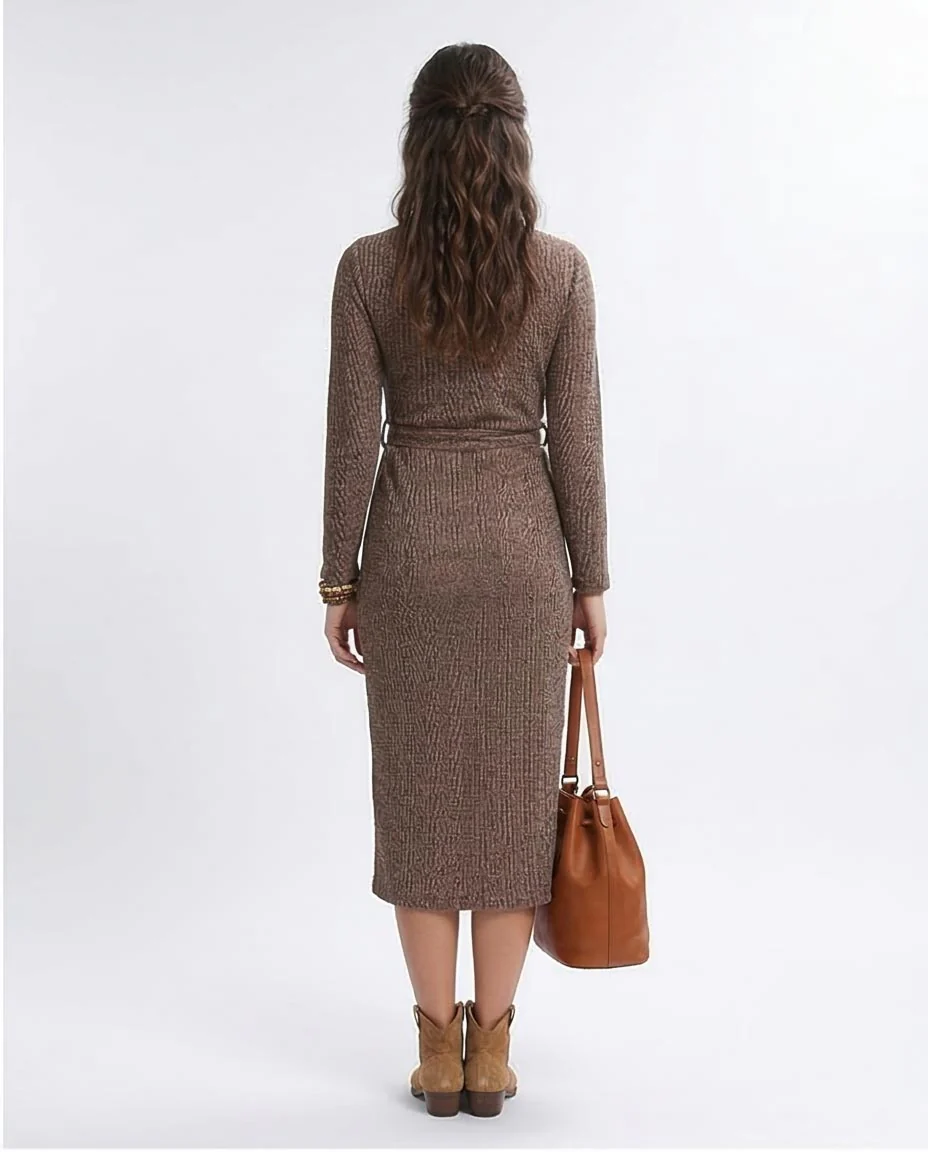 Ravin Marled Ribbed Knit Wrap-Front Midi Dress - O201114 - Image 2