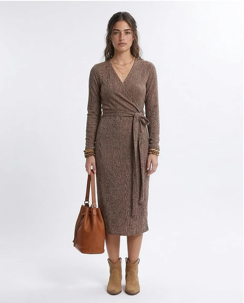 Ravin Marled Ribbed Knit Wrap-Front Midi Dress - O201114 - Image 3
