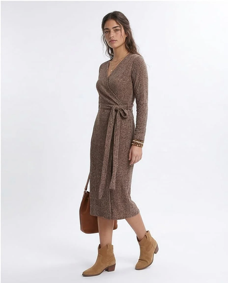 Ravin Marled Ribbed Knit Wrap-Front Midi Dress - O201114 - Image 5