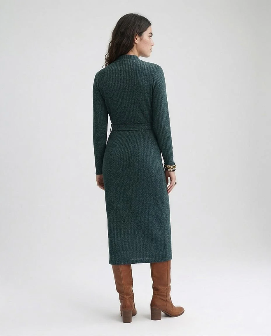 O201115 - Ribbed Midi Dress With Belt - Dark Green - Image 2