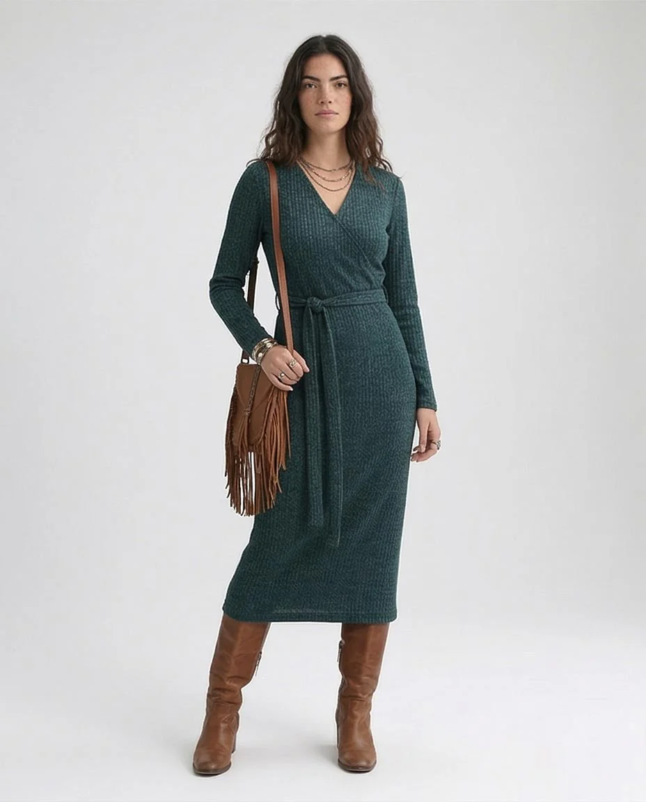 O201115 - Ribbed Midi Dress With Belt - Dark Green - Image 3