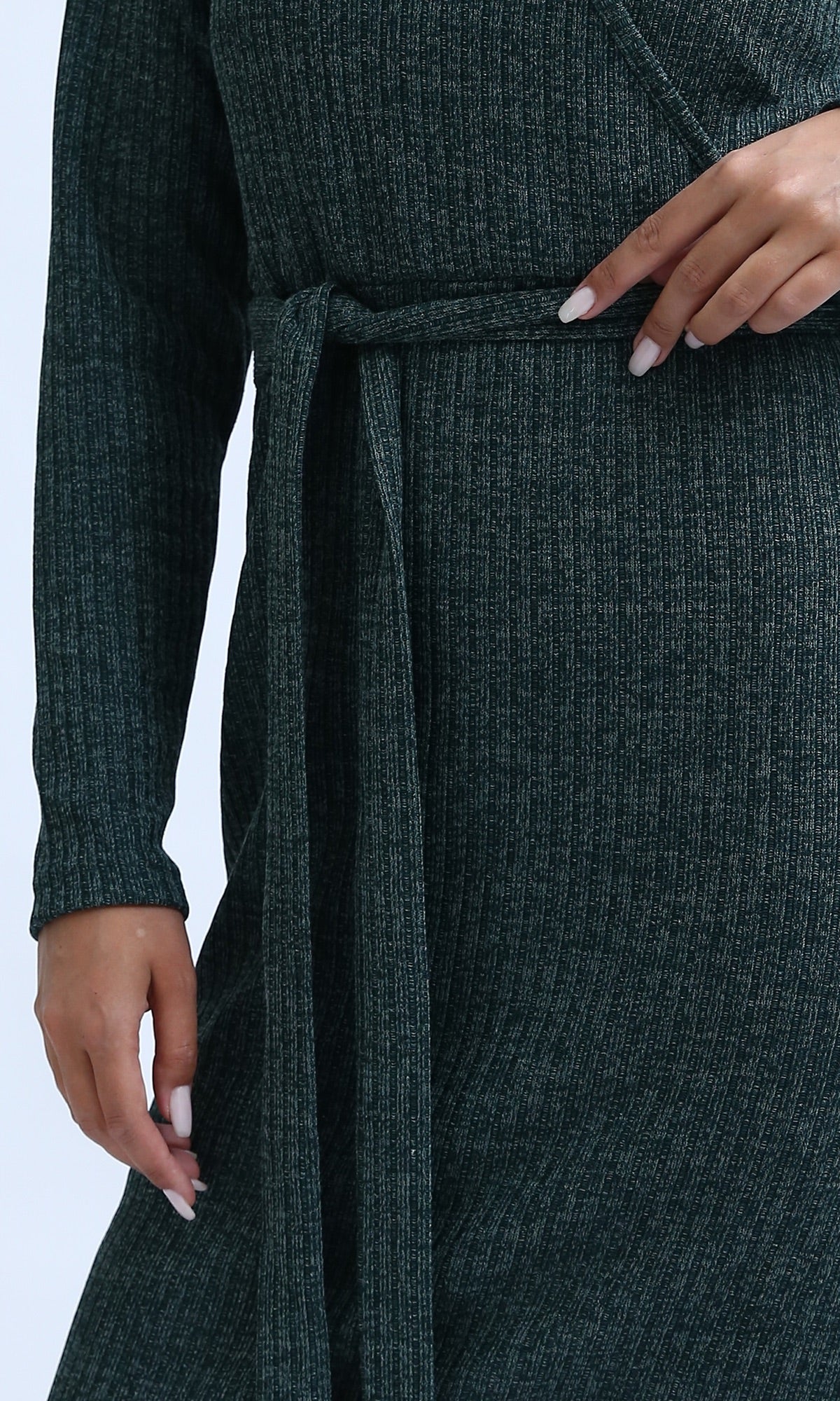O201115 - Ribbed Midi Dress With Belt - Dark Green - Image 4