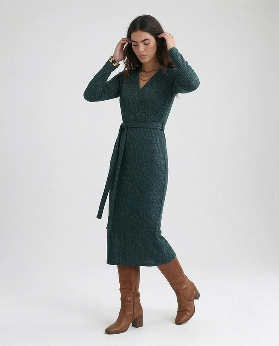 O201115 - Ribbed Midi Dress With Belt - Dark Green - Image 5